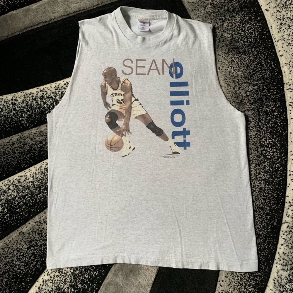 Vtg 90s All Star Basketball Sean Elliot White Graphic Cut off T-shirt